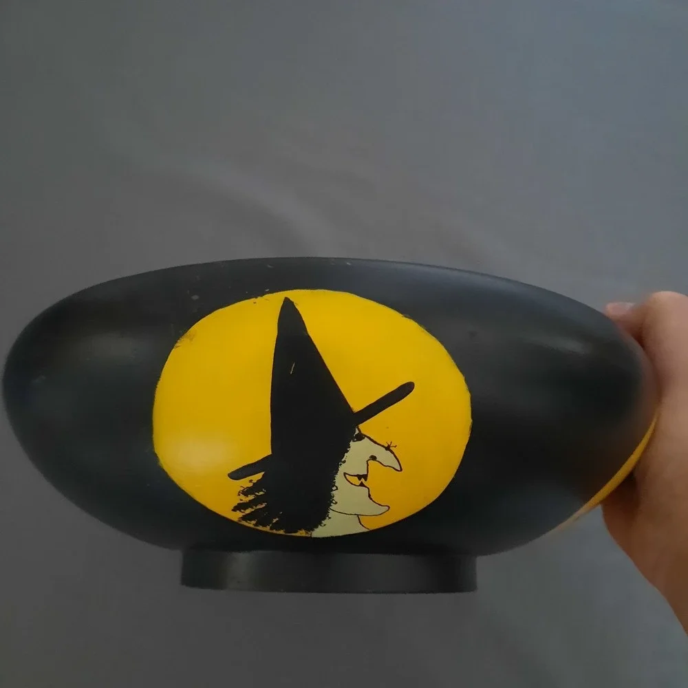Halloween Hand Painted Wood Bowl Jack O Lantern Witch Black Cat Primitive Rustic